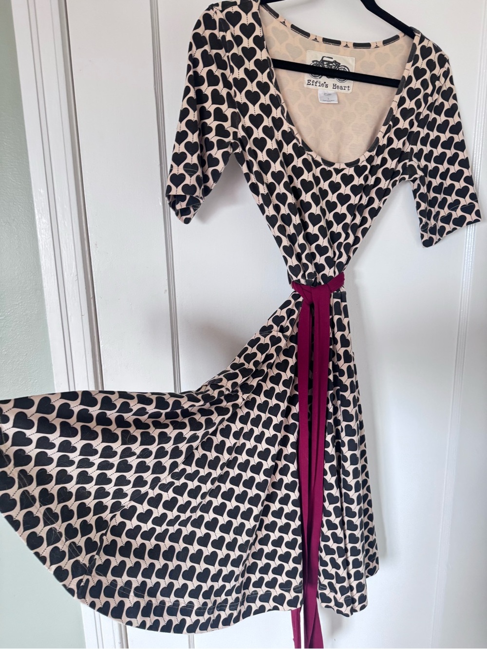 Effie's Heart Cream Dress with Black Heart Print and Dark Red Sash
